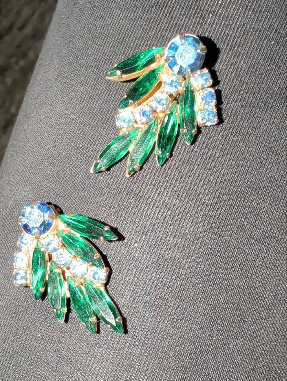 1960s Unsigned Beau Jewels Green and Blue Crystal Leaf Drop Earrings